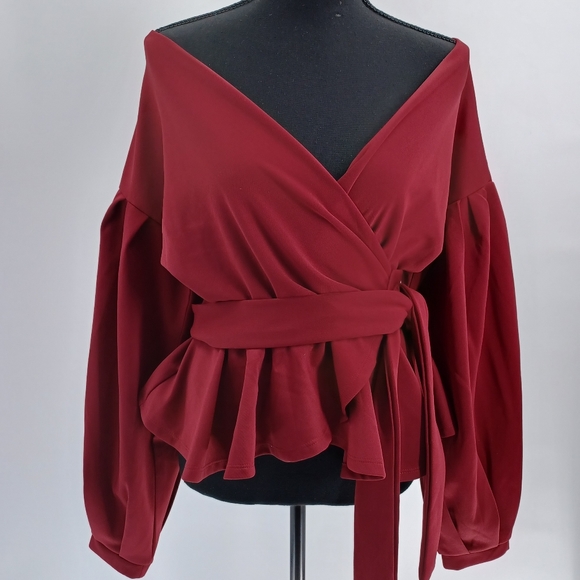 Lantern Sleeve Belted Wrap Off the Shoulder Top - Picture 7 of 8